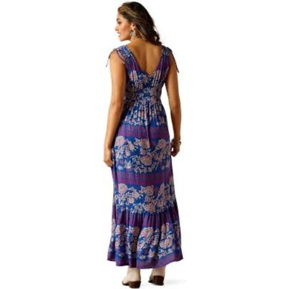 Ariat Blue Floral Boho Maxi Dress Sleeveless Smocked Waist Tiered Med 10043868